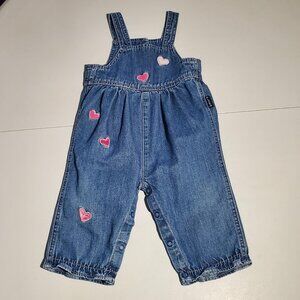 Children's Place Denim Bib Overalls With Pink Velvet Hearts sz 6-9months